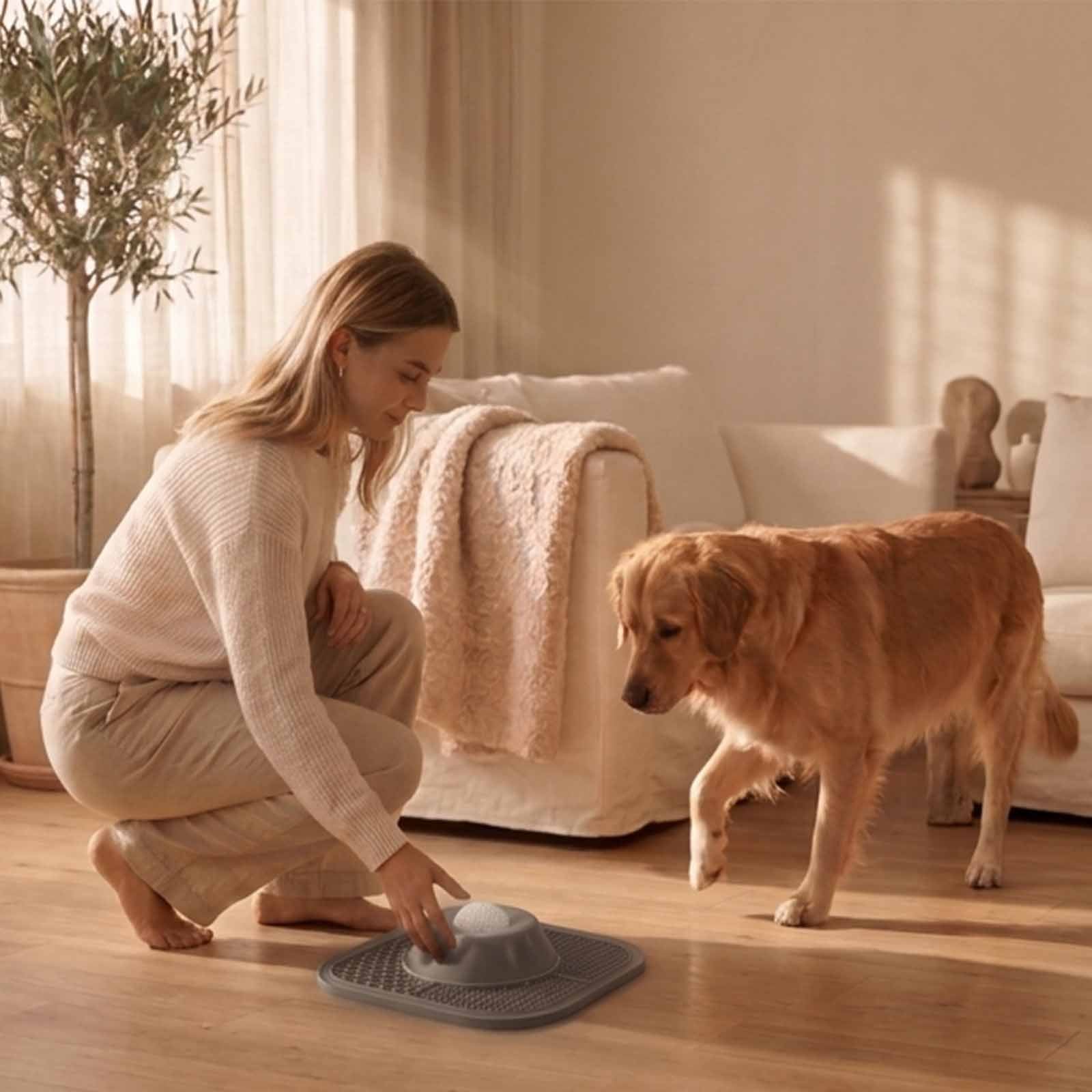 Woman and dog interacting with a pet product on a wooden floor.