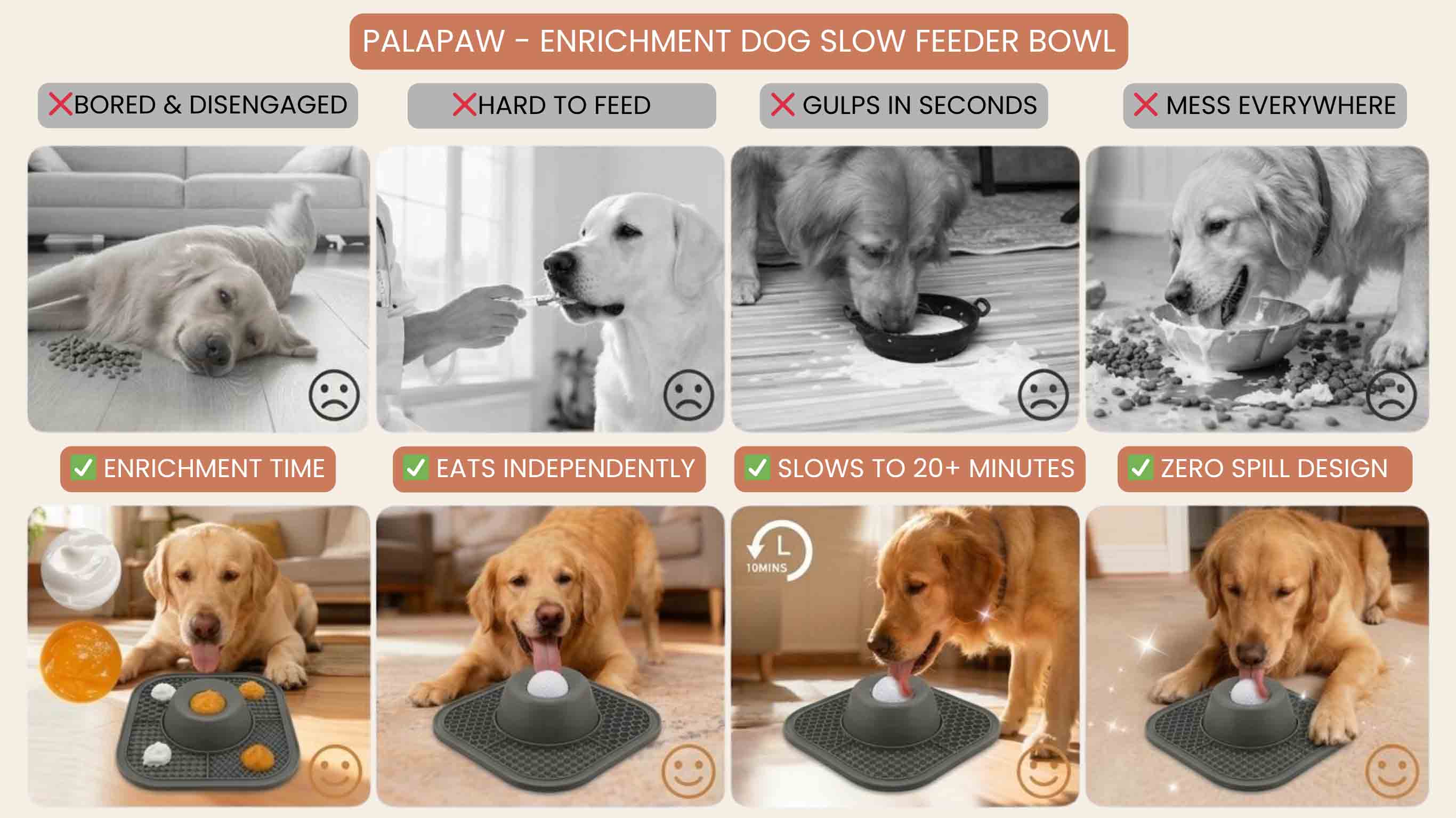 Dog slow feeder bowl with features and benefits highlighted